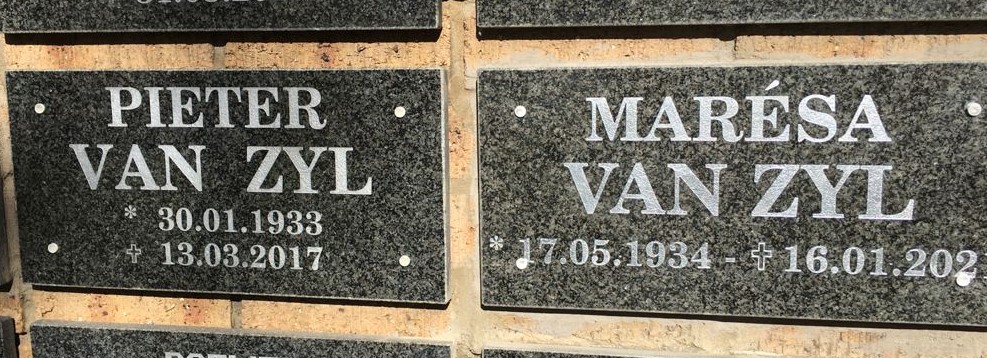 ZYL Pieter, van 1933-2017 &amp; Maresa 1934-202?