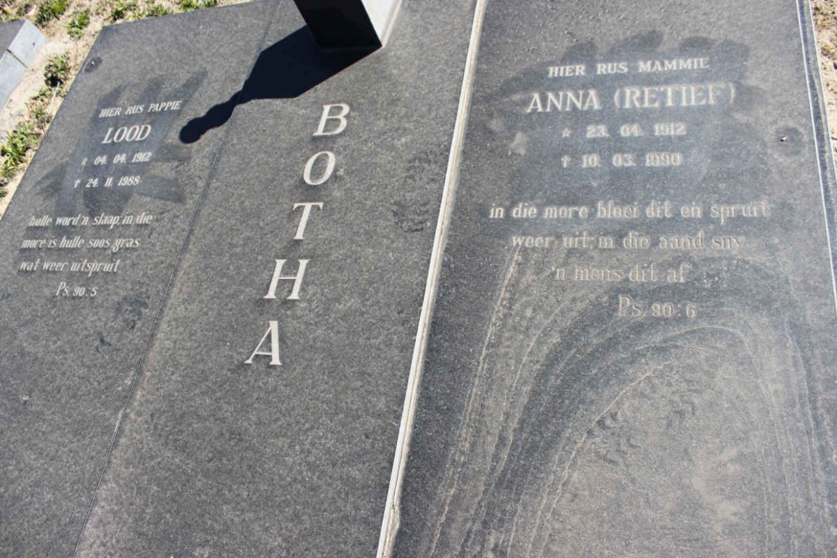 BOTHA Lood 1912-1988 &amp; Anna RETIEF 1912-1990