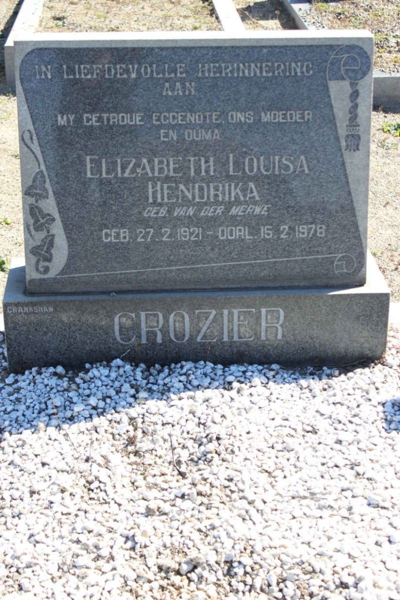 CROZIER Elizabeth Louisa Hendrika nee VAN DER MERWE  1921-1978