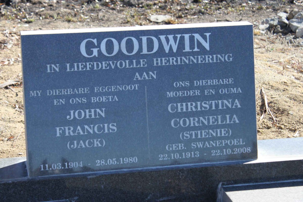 GOODWIN John Francis 1904-1980 &amp; Christina Cornelia nee SWANEPOEL 1913-2008