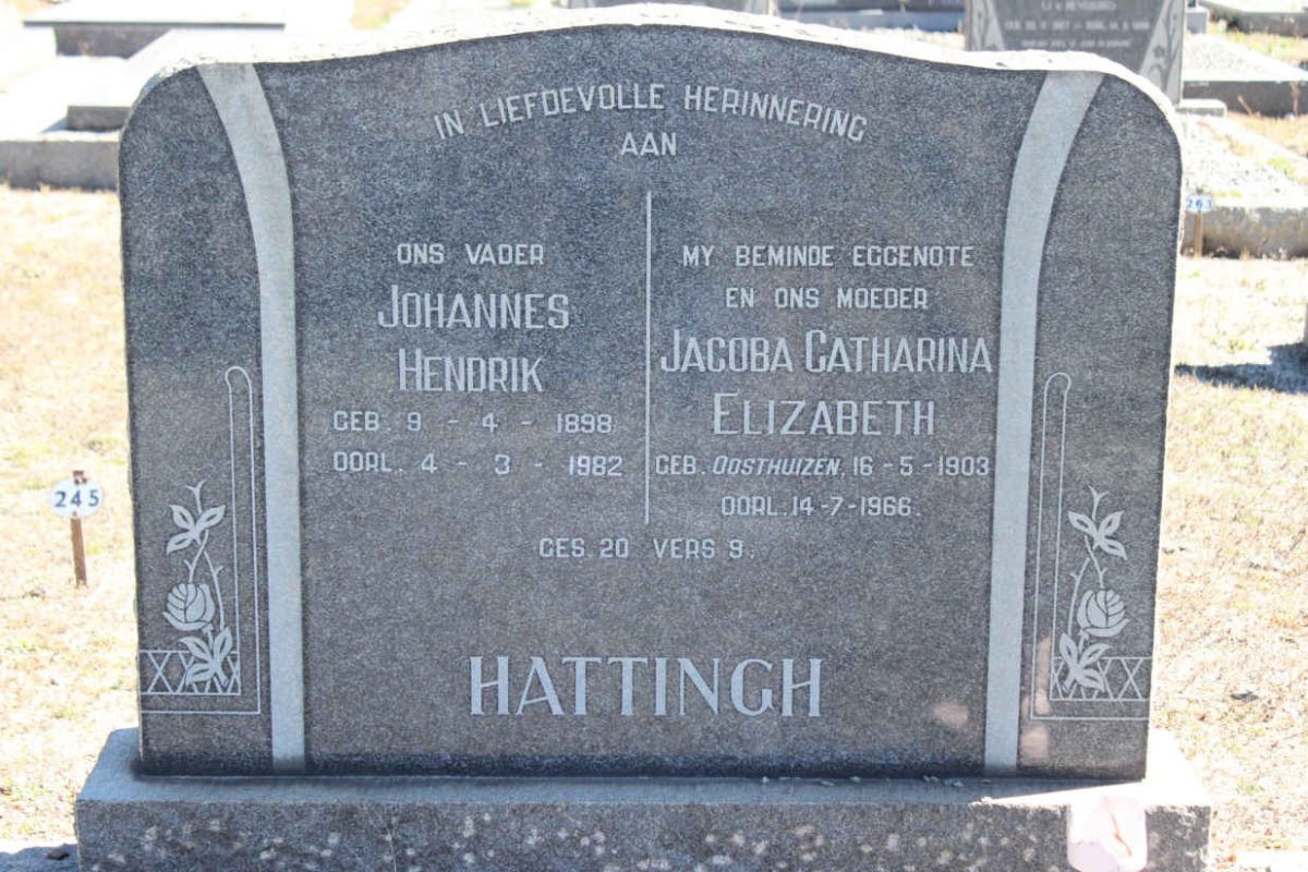 HATTINGH Johannes Hendrick 1898-1982 &amp; Jacoba Catherina Elizabeth  OOSTHUIZEN 1903-1966