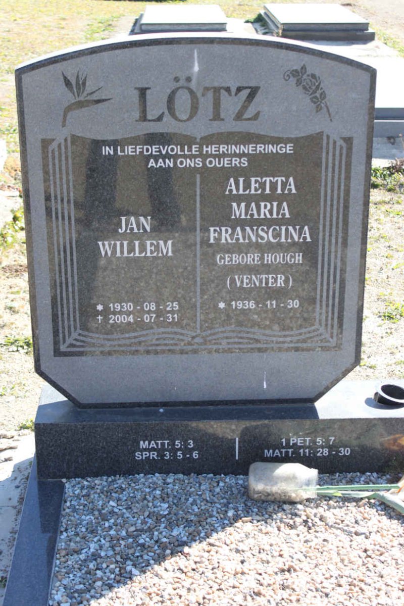 LÖTZ Jan Willem 1930-2004 &amp; Aletta Maria Franscina VENTER nee HOUGH 1936-
