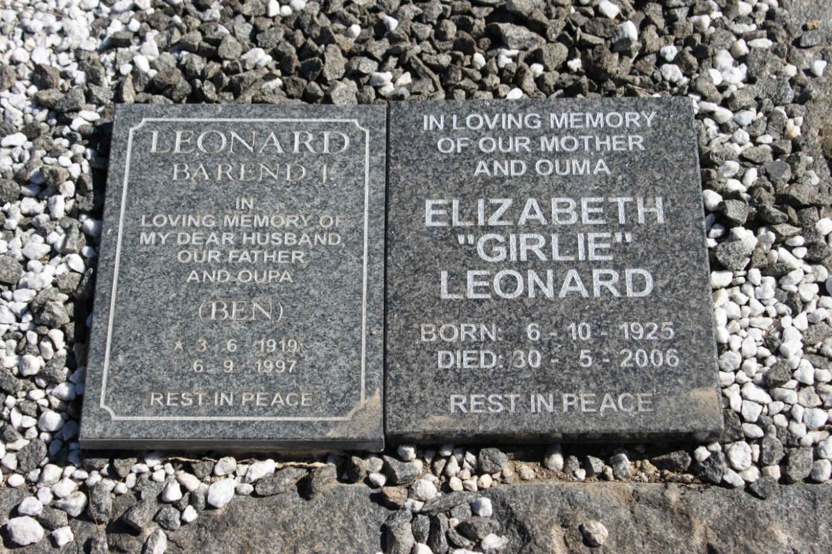 LEONARD Barend J. 1919-1997 &amp; Elizabeth 1925-2006