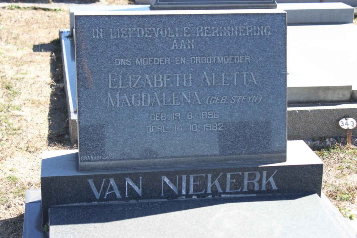 NIEKERK Elizabeth Aletta Magdalena, van  nee STEYN 1896-1982