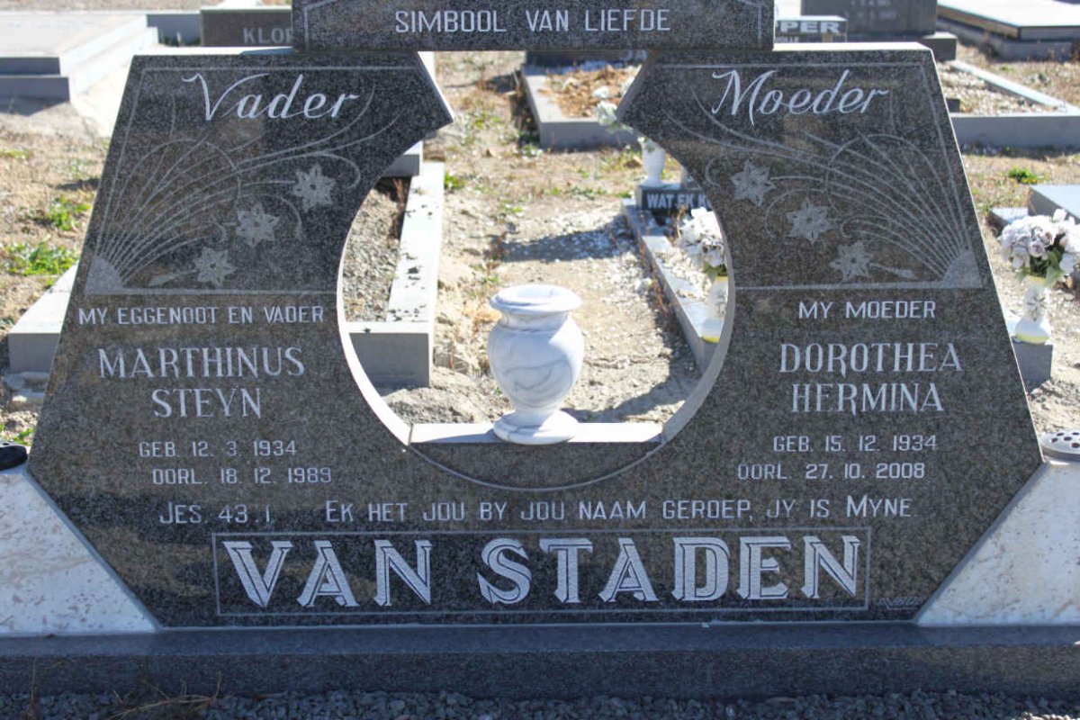 STADEN Marthinus Steyn, van 1934-1989 &amp; Dorothea Hermina 1934-2008