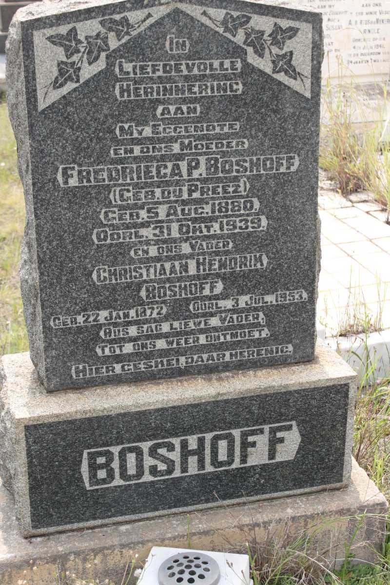 BOSHOFF Christiaan Hendrik 1872-1953 &amp; Fredrieca P. DU PREEZ 1880-1939