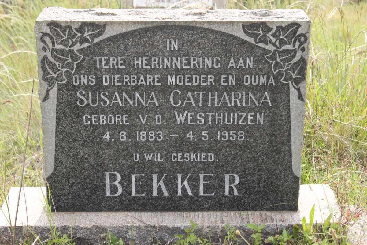 BEKKER Susanna Catharina nee V. D. WESTHUIZEN 1883-1958