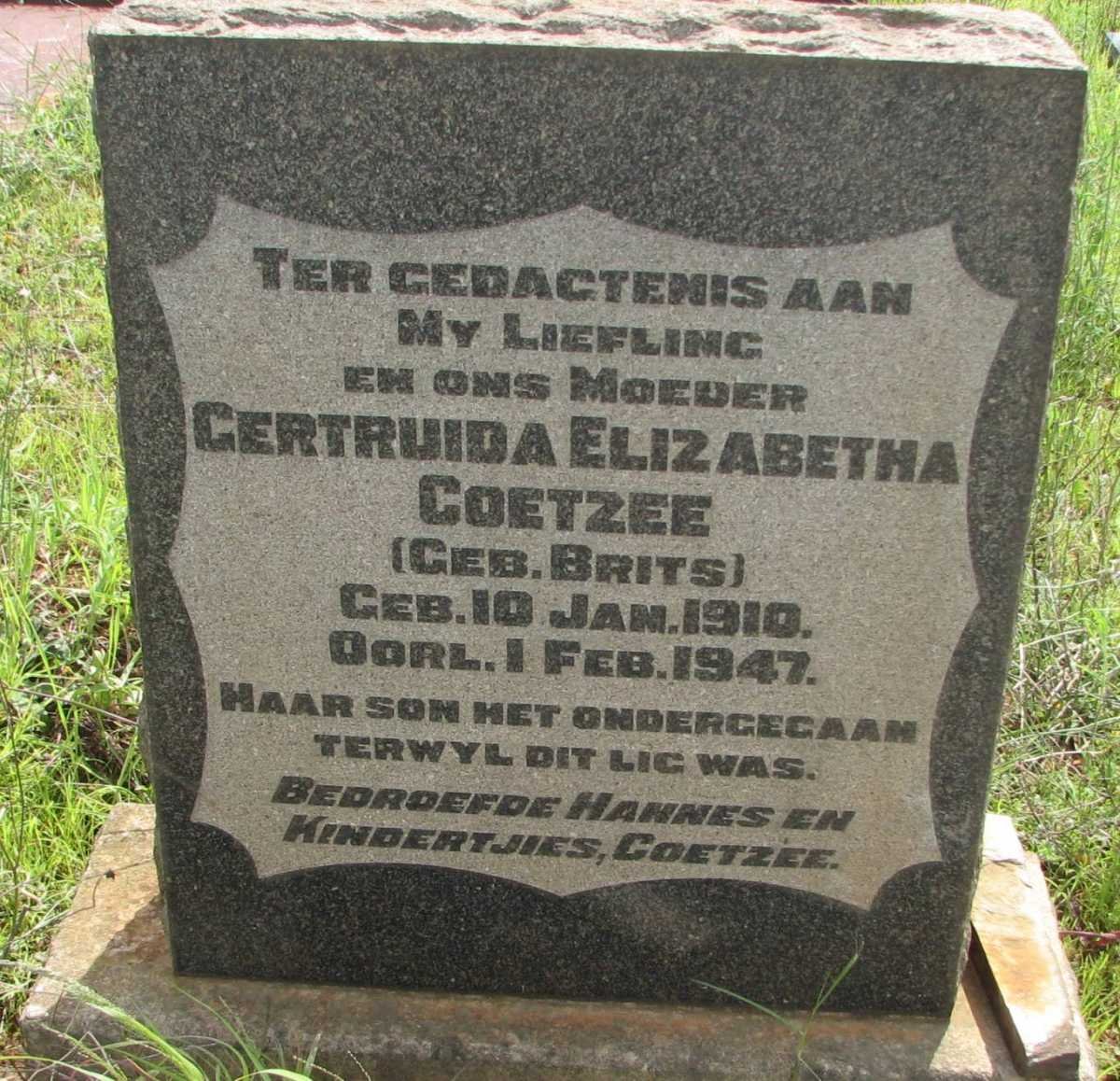 COETZEE Gertruda Elizabetha nee BRITS 1910-1947