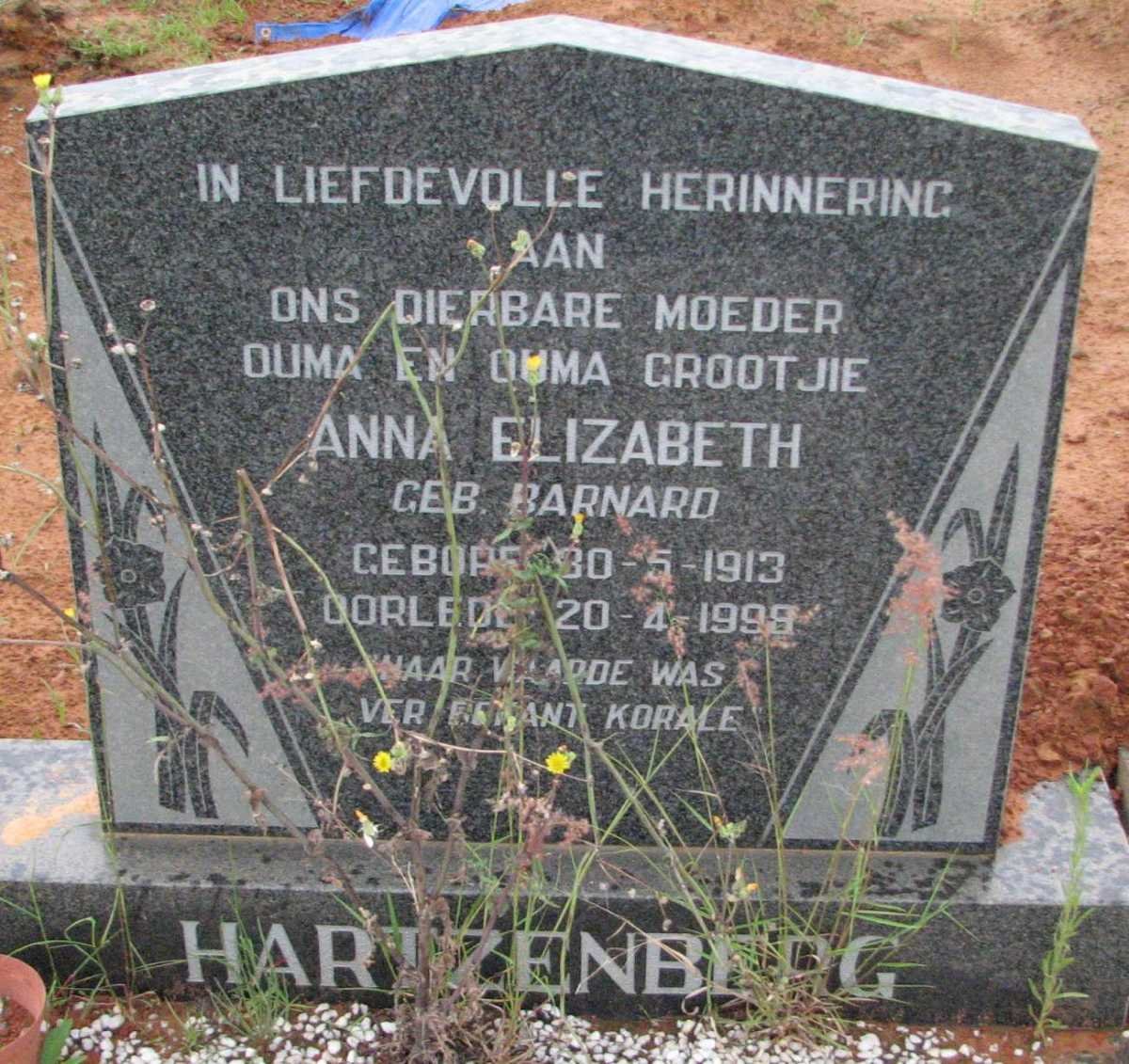 HARTZENBERG Anna Elizabeth nee BARNARD 1913-1999