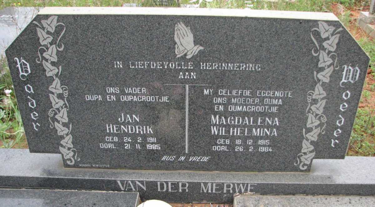 MERWE Jan Hendrik, van der 1911-1985 &amp; Magdalena Wilhelmina 1915-1984