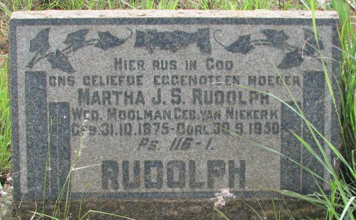 RUDOLPH Martha J.S. voorheen MOOLMAN nee VAN NIEKERK 1875-1950
