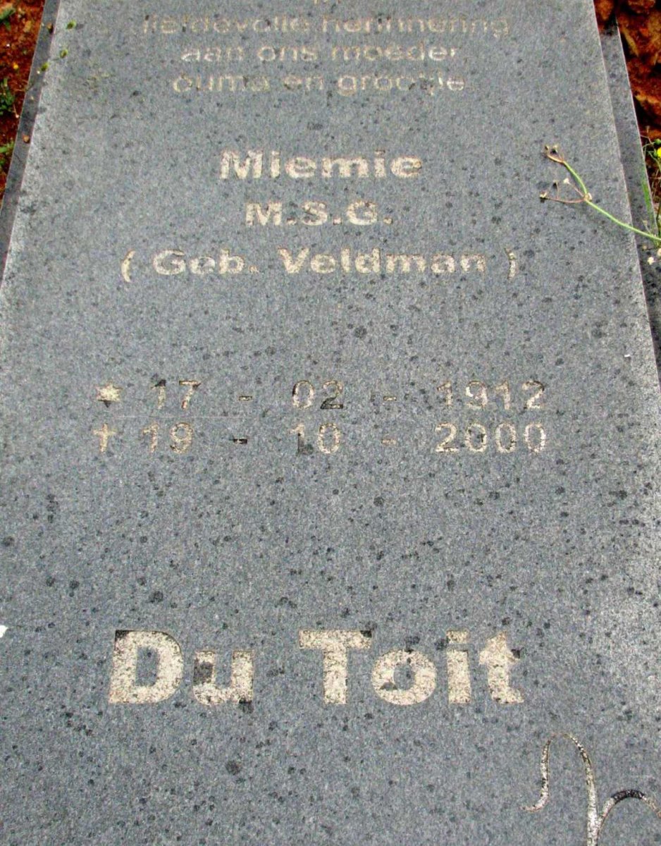 TOIT M.S.G., du nee VELDMAN 1912-2000
