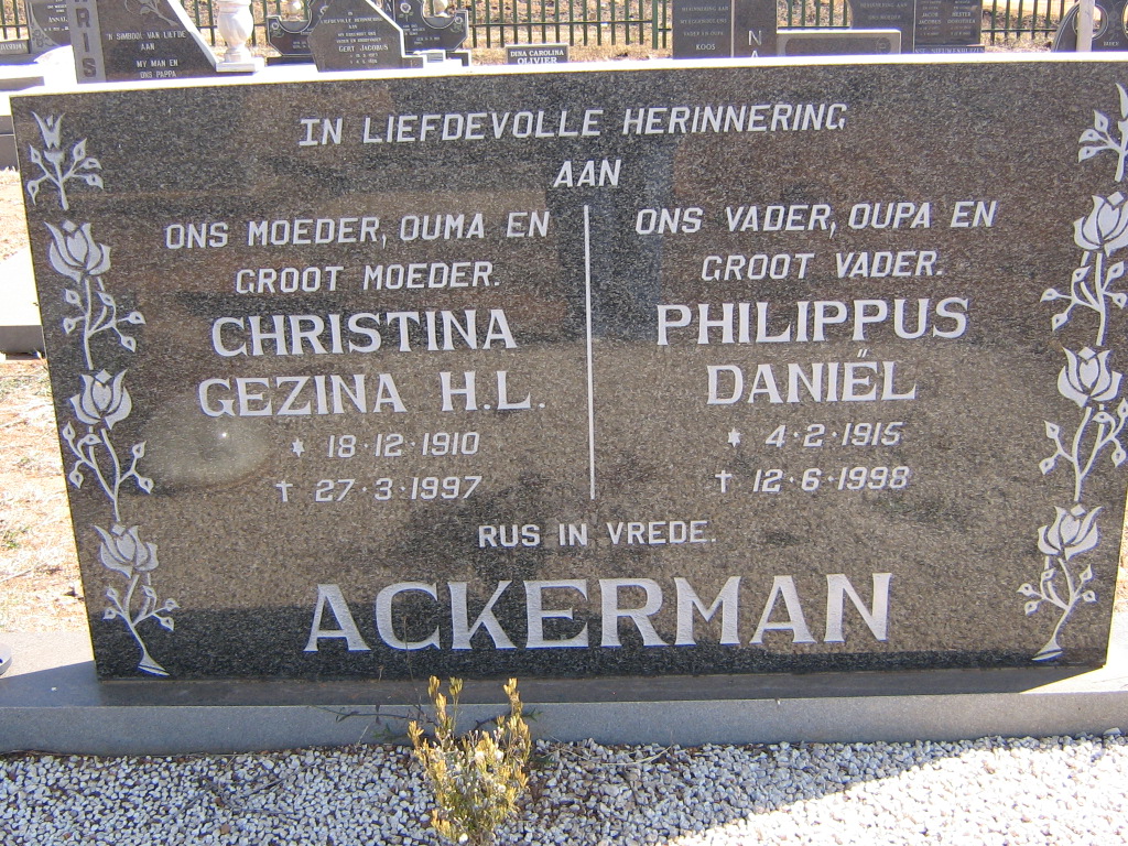 ACKERMAN Philippus Daniel 1915-1998 &amp; Christina Gezina H.L. 1910-1997