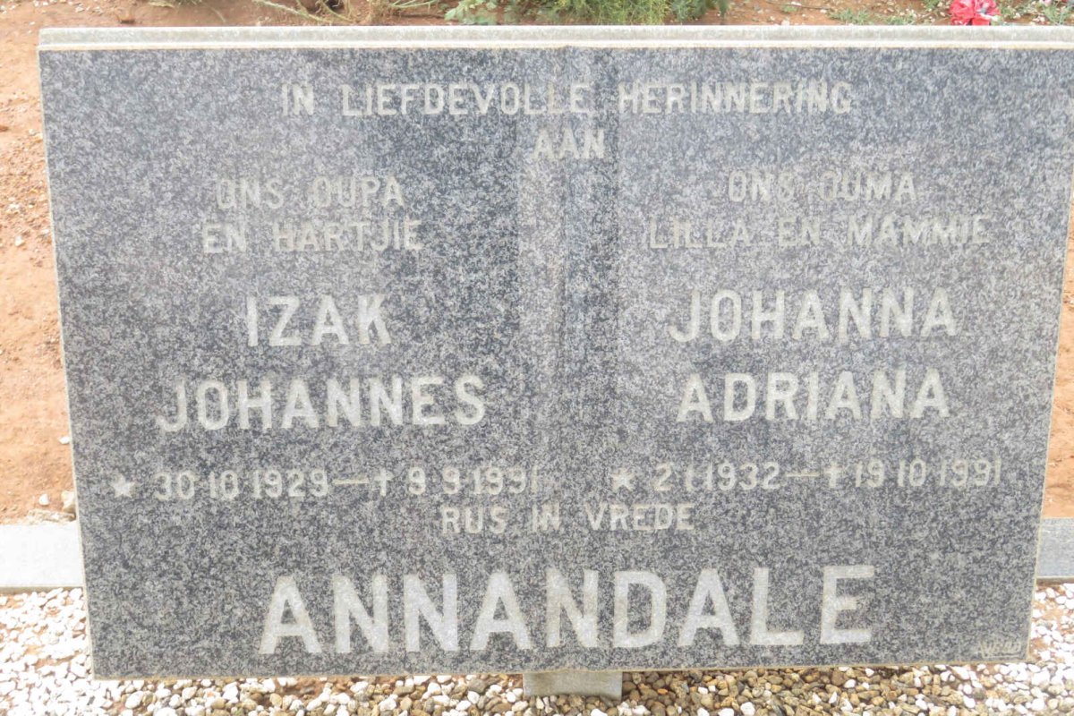 ANNANDALE Izak Johannes 1929-1991 &amp; Johanna Adriana 1932-1991
