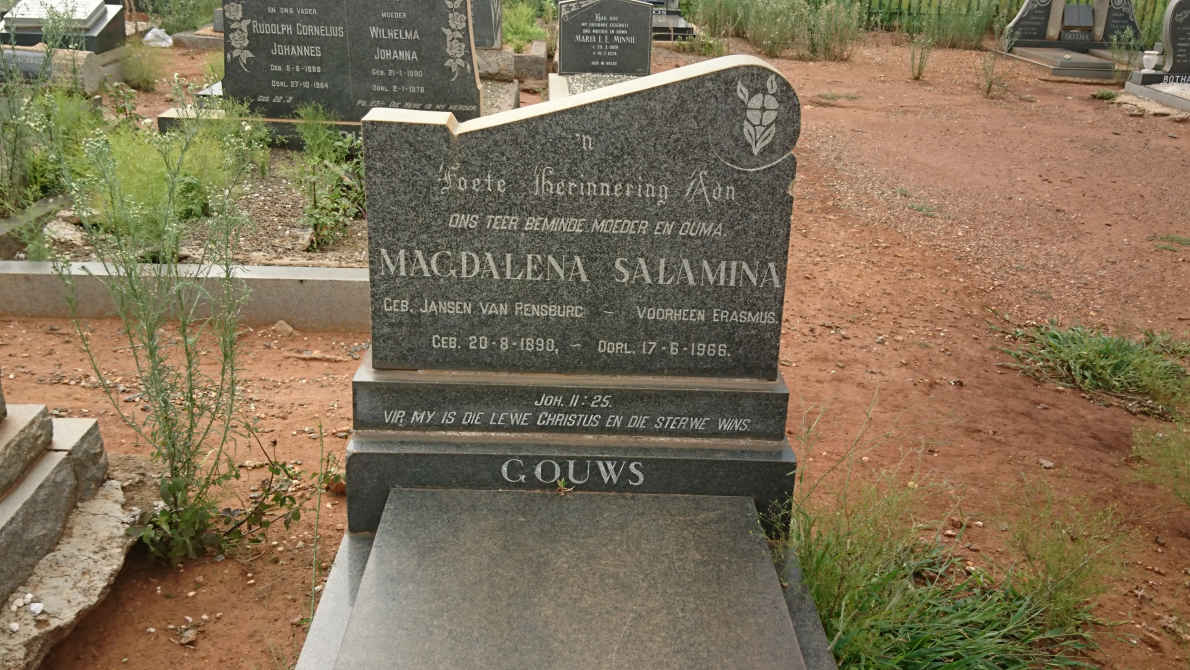 GOUWS Magdalena Salamina voorheen ERASMUS nee JANSEN VAN RENSBURG 1890-1966