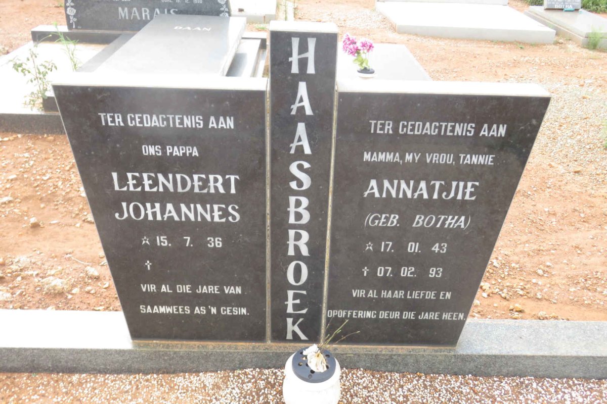 HAASBROEK Leendert Johannes 1936- &amp; Annatjie BOTHA 1943-1993