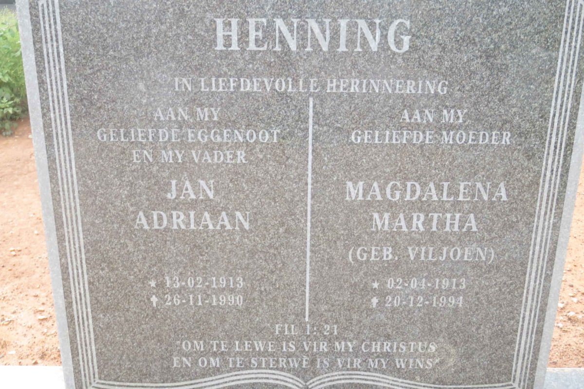 HENNING Jan Adriaan 1913-1990 &amp; Magdalena Martha VILJOEN 1913-1994