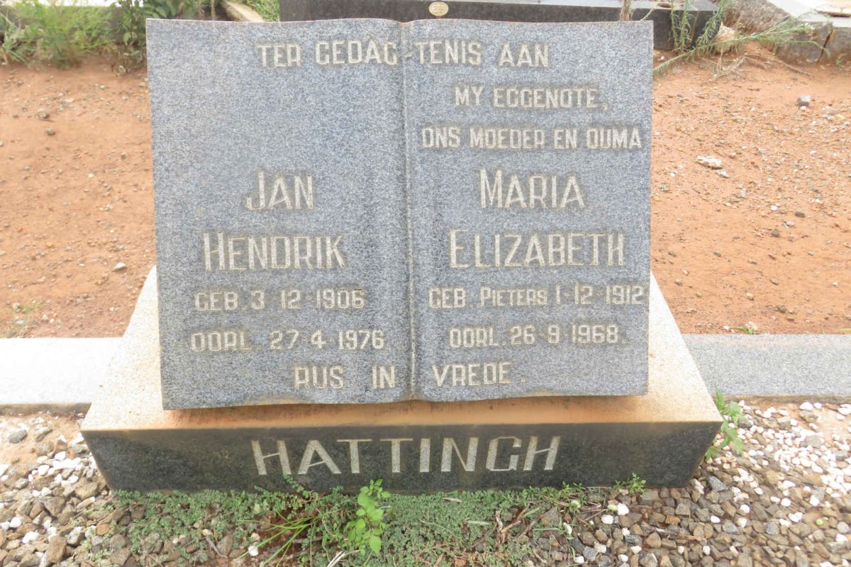 HATTINGH Jan Hendrik 1906-1976 &amp; Maria Elizabeth PIETERS 1912-1968