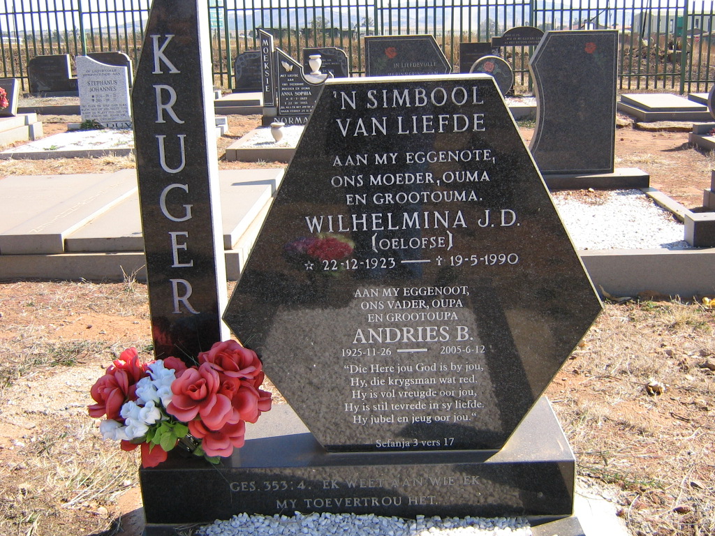 KRUGER Andries B. 1925-2005 &amp;  Wilhelmina J.D. OELOFSE 1923-1990