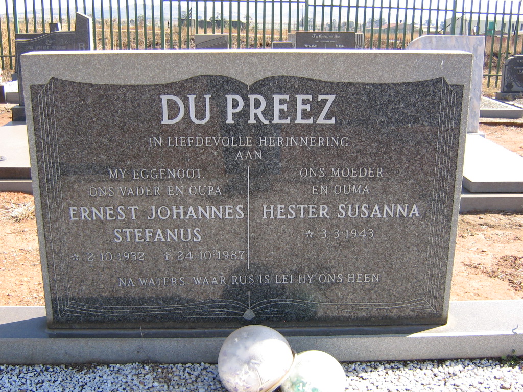 PREEZ Ernest Johannes Stefanus 1932-1987 &amp; Hester Susanna 1943-