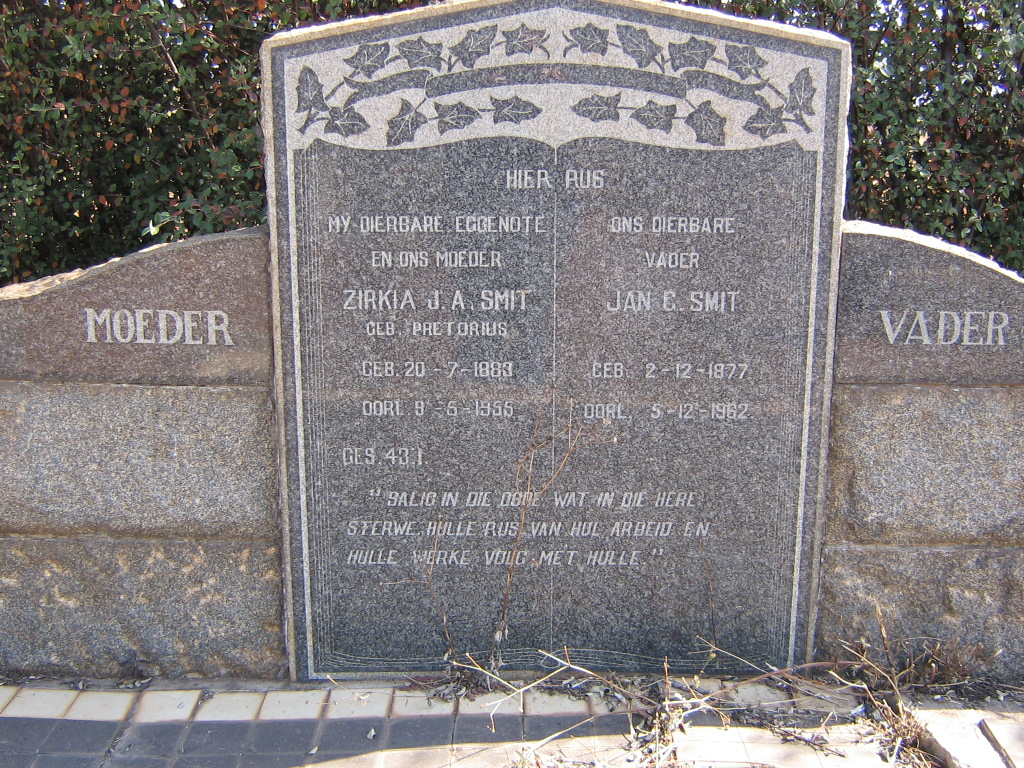 SMIT Jan G. 1877-1962 &amp; Zirkia J.A. PRETORIUS 1883-1955