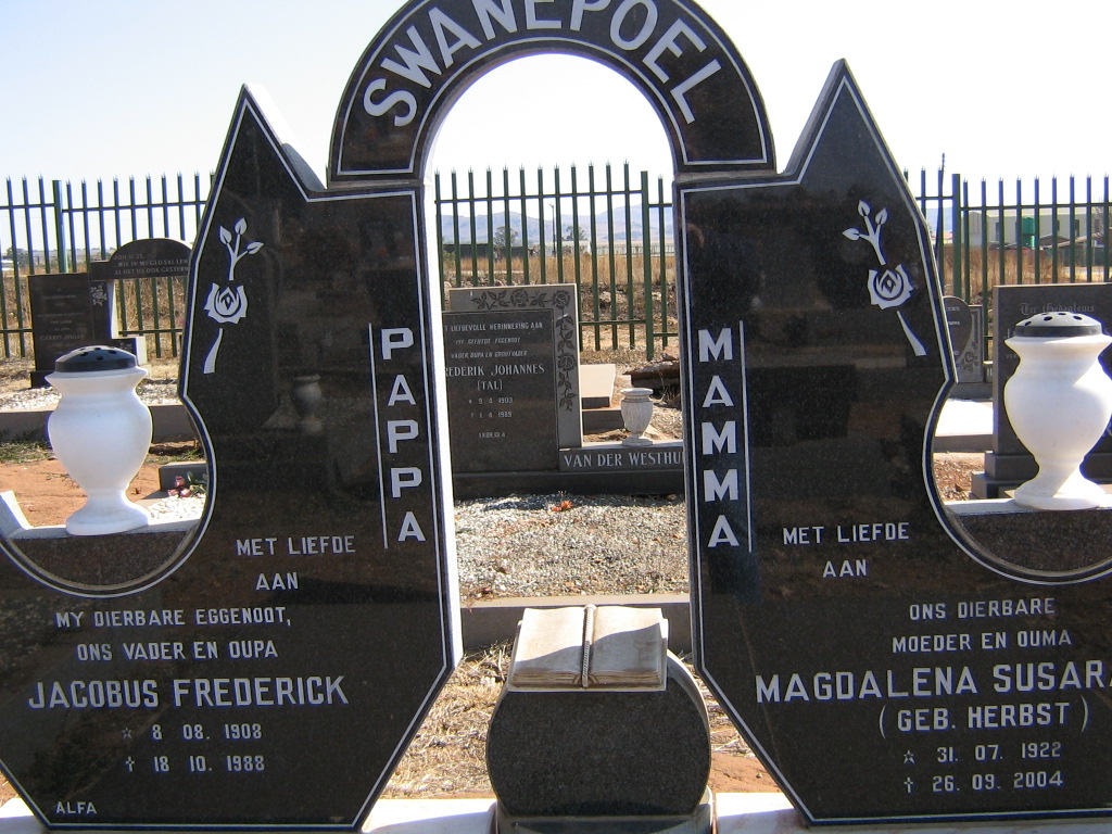 SWANEPOEL Jacobus Frederick 1908-1988 &amp; Magdalena Susara HERBST 1922-2004