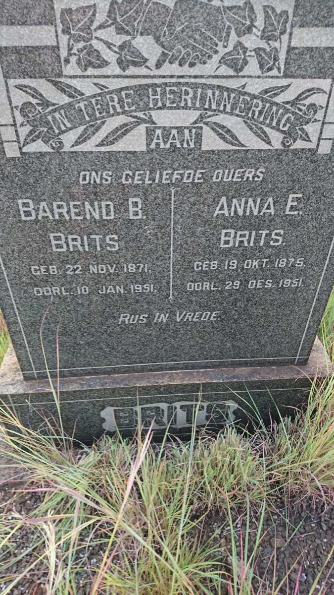 BRITS Barend B. 1871-1951 &amp; Anna E. 1875-1951