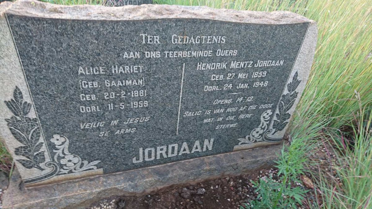 JORDAAN Hendrik Mentz 1859-1948 &amp; Alica Hariet SAAIMAN 1881-1959