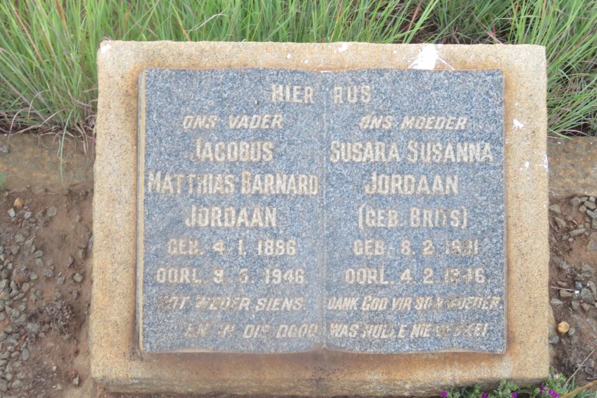 JORDAAN Matthias Barnard 1886-1946 &amp; Susara Susanna BRITS 1891-1946