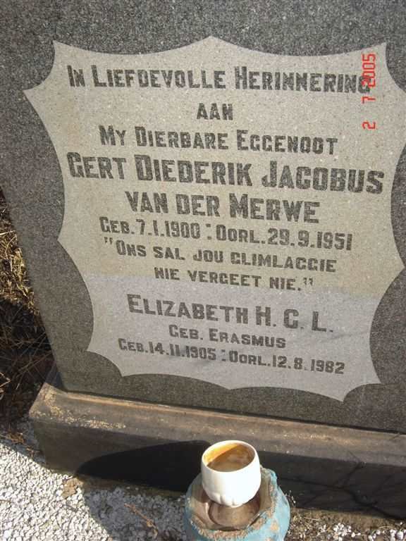 MERWE Gert Diederik Jacobus, van der 1900-1951 &amp; Elizabeth H.C.L. ERASMUS 1905-1982