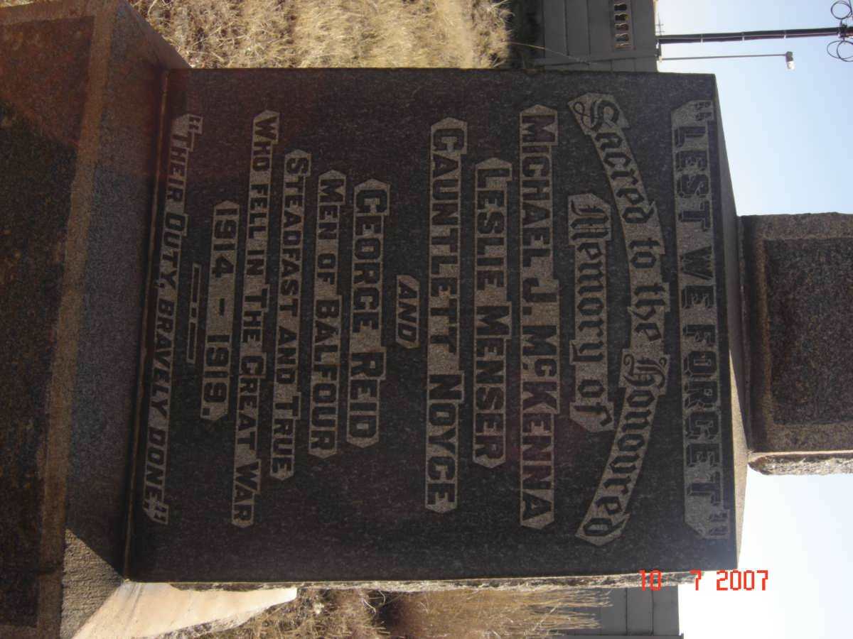 MEMORIAL to Men of Balfour  1914-1919