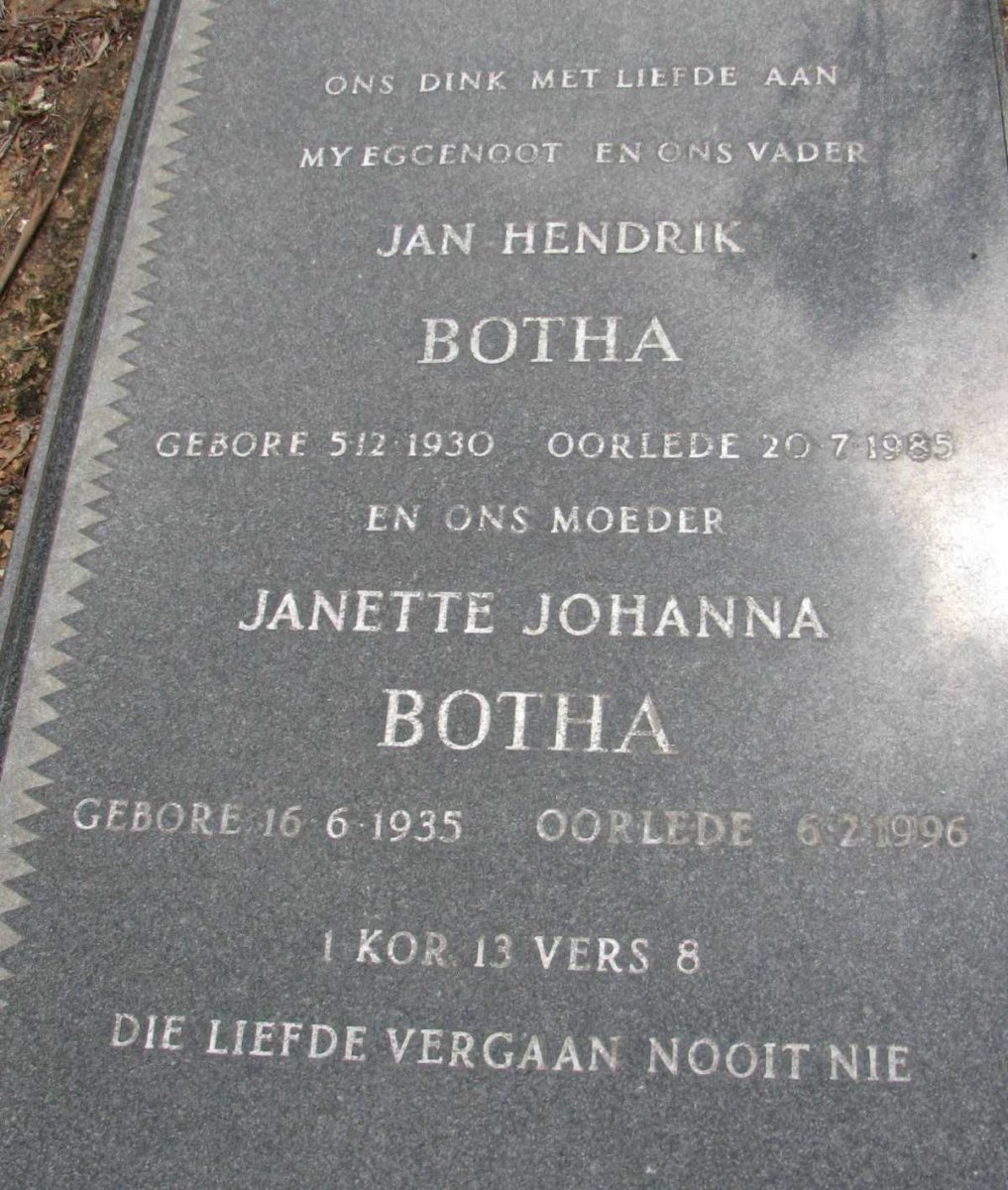 BOTHA Jan Hendrik 1930-1985 &amp; Janette Johanna 1935-1996