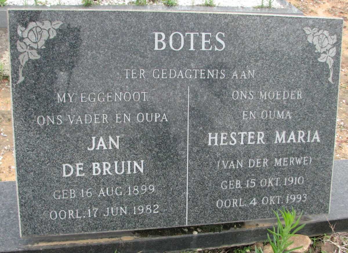 BOTES Jan de Bruin 1899-1982 &amp; Hester Maria VAN DER MERWE 1910-1993