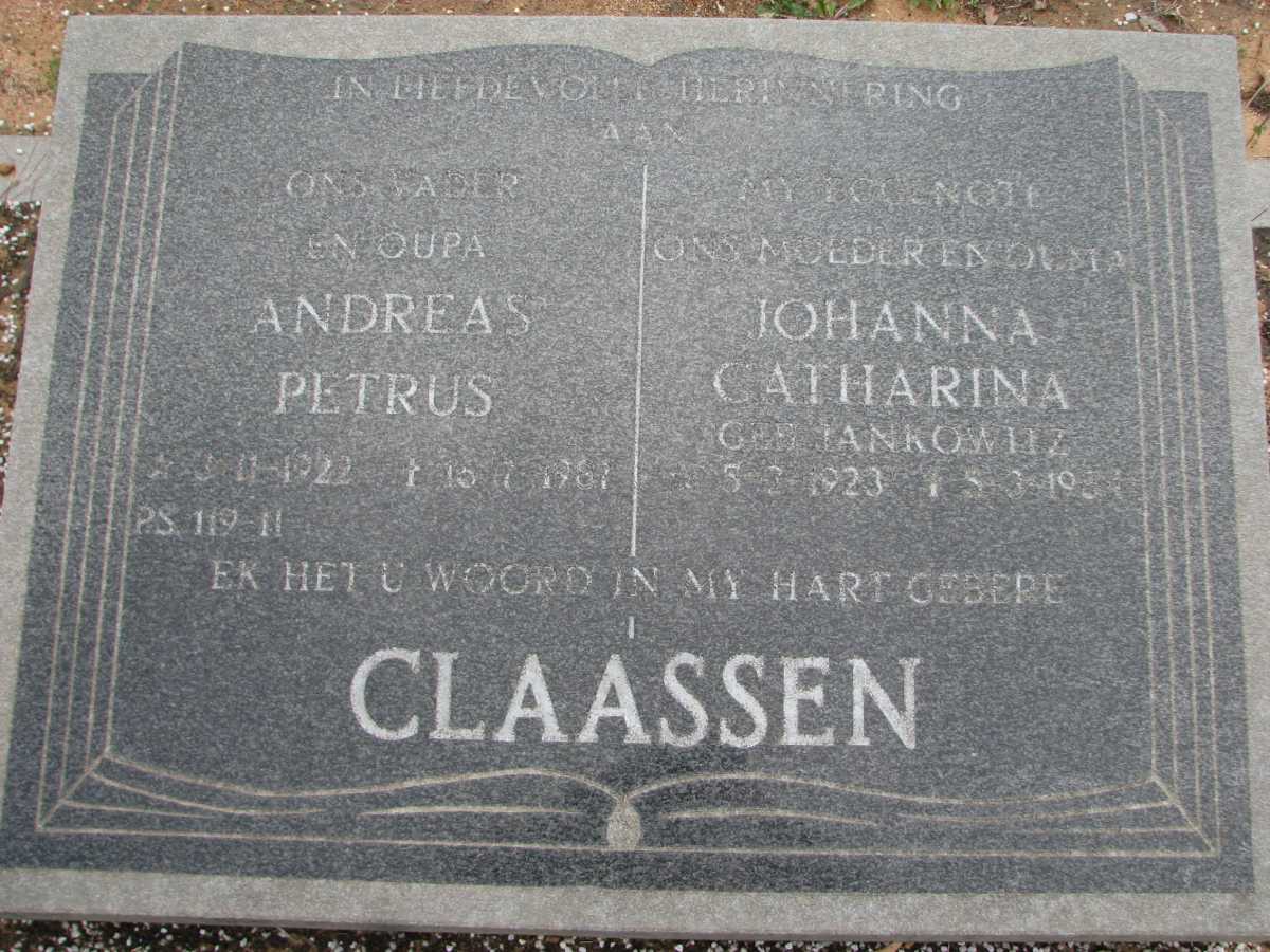 CLAASSEN Andreas Petrus1922-1957 &amp; Johanna Catharina JANKOWITZ 1923-195?