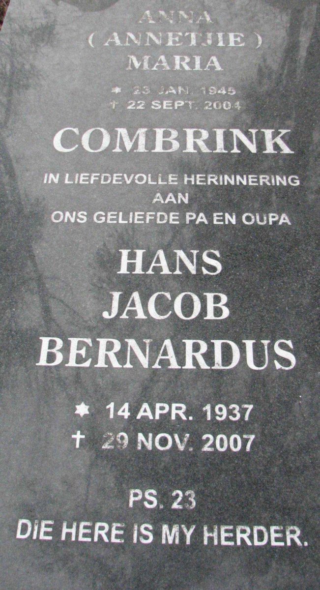 COMBRINK Hans Jacob Bernardus 1937-2007 &amp; Anna Maria 1945-2004