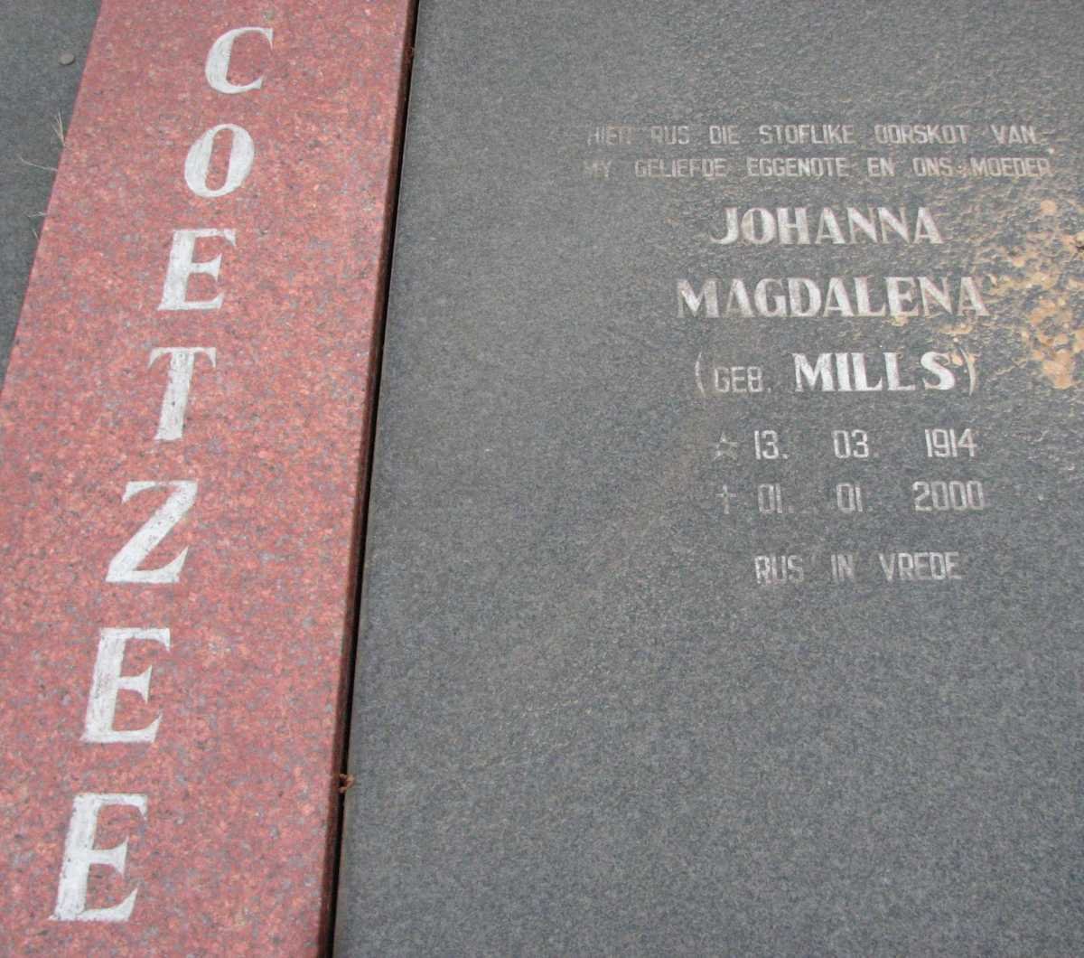 COETZEE Salomon Gerhardus Martinus 1916-2005 &amp; Johanna Magdalena MILLS 1914-2000