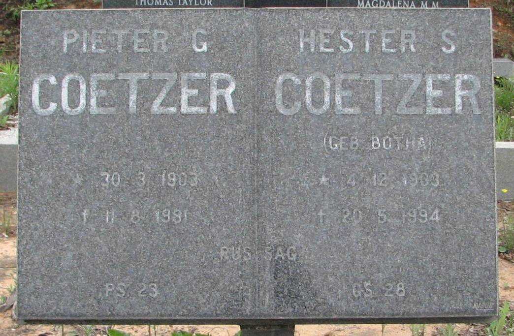 COETZER Pieter G. 1903-1981 &amp; Hester S. BOTHA 1903-1994