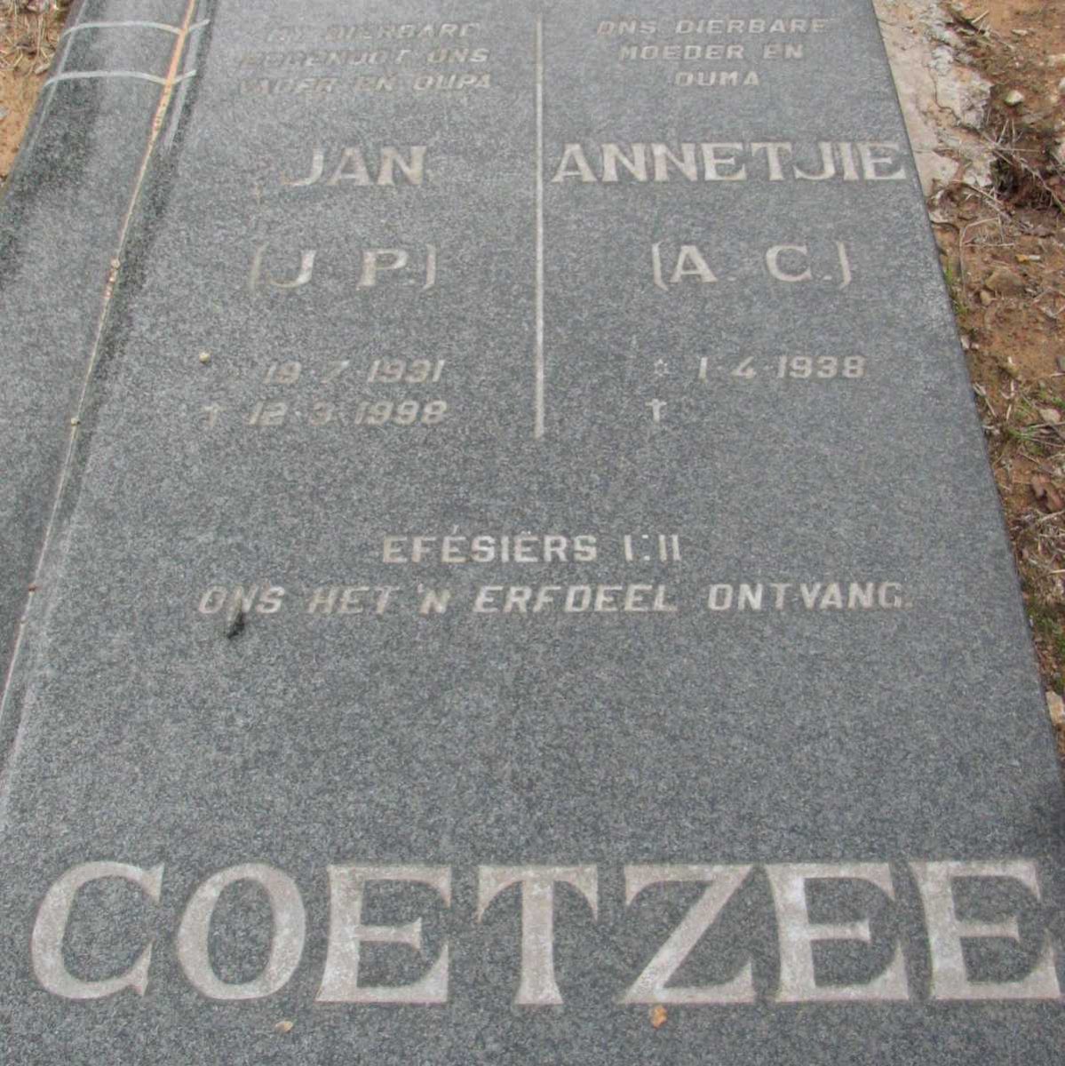 COETZEE J.P. 1931-1998 &amp; A.C. 1938-