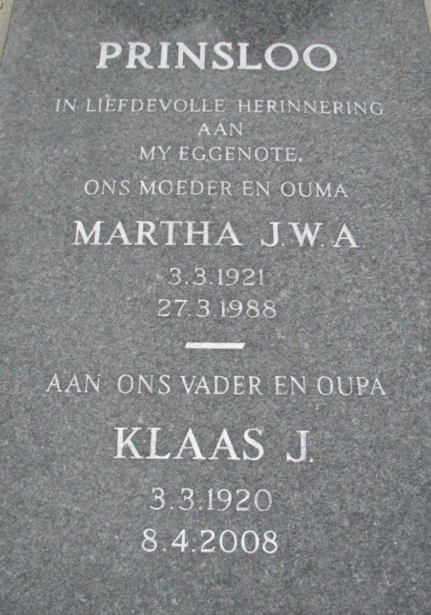 PRINSLOO Klaas J. 1920-2008 &amp; Martha J.W.A. 1921-1988