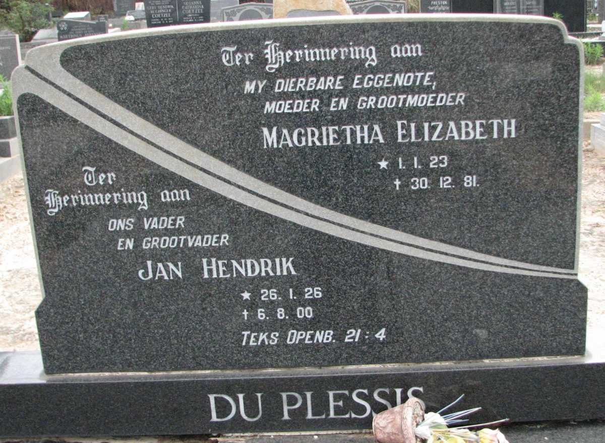 PLESSIS Jan Hendrik, du 1926-2000 &amp; Magrietha Elizabeth 1923-1981