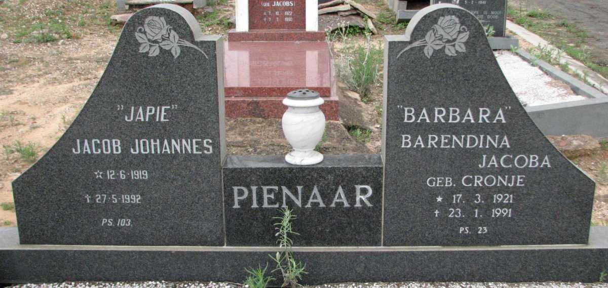 PIENAAR Jacob Johannes 1919-1992 &amp; Barendina Jacoba CRONJE 1921-1991