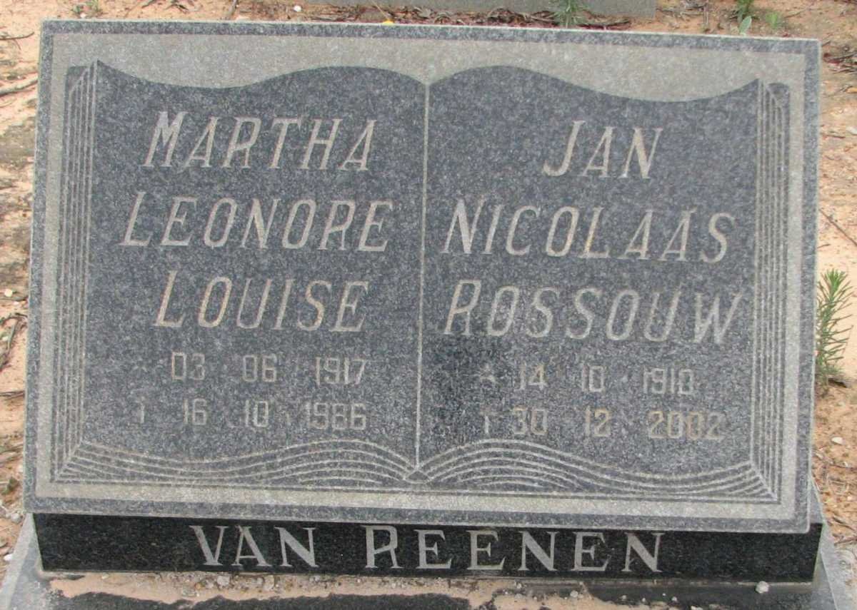 REENEN Jan Nicolaas Rossouw, van 1910-2002 &amp; Martha Leonore Louise 1917-1986