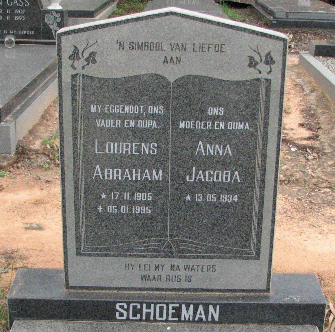 SCHOEMAN Lourens Abraham 1905-1995 &amp; Anna Jacoba 1934-