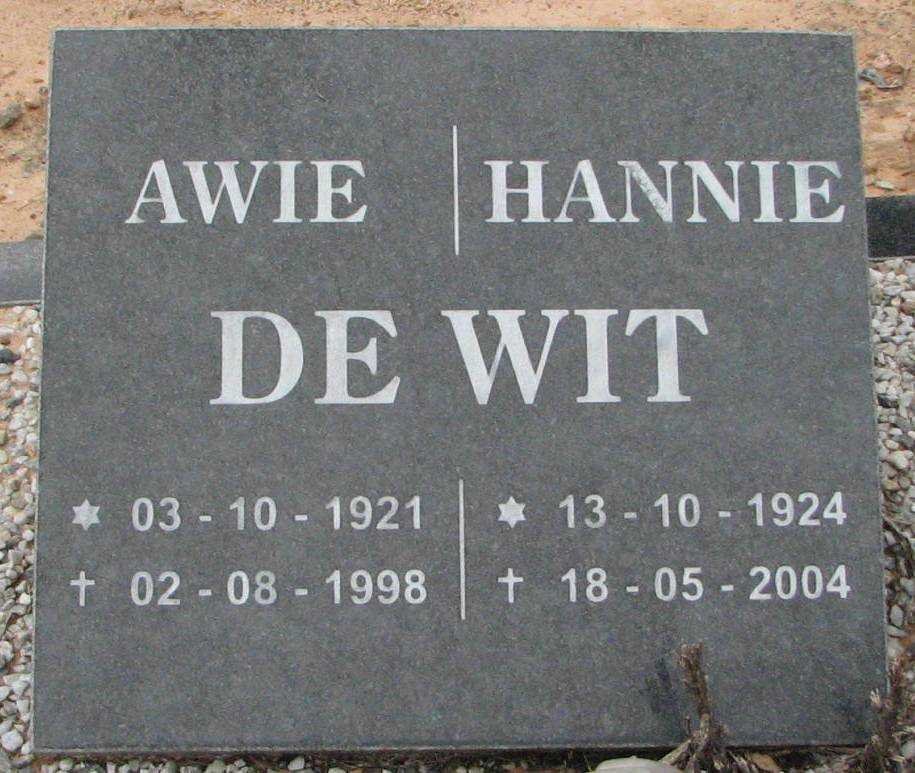 WIT Awie, de 1921-1998 &amp; Hannie 1924-2004