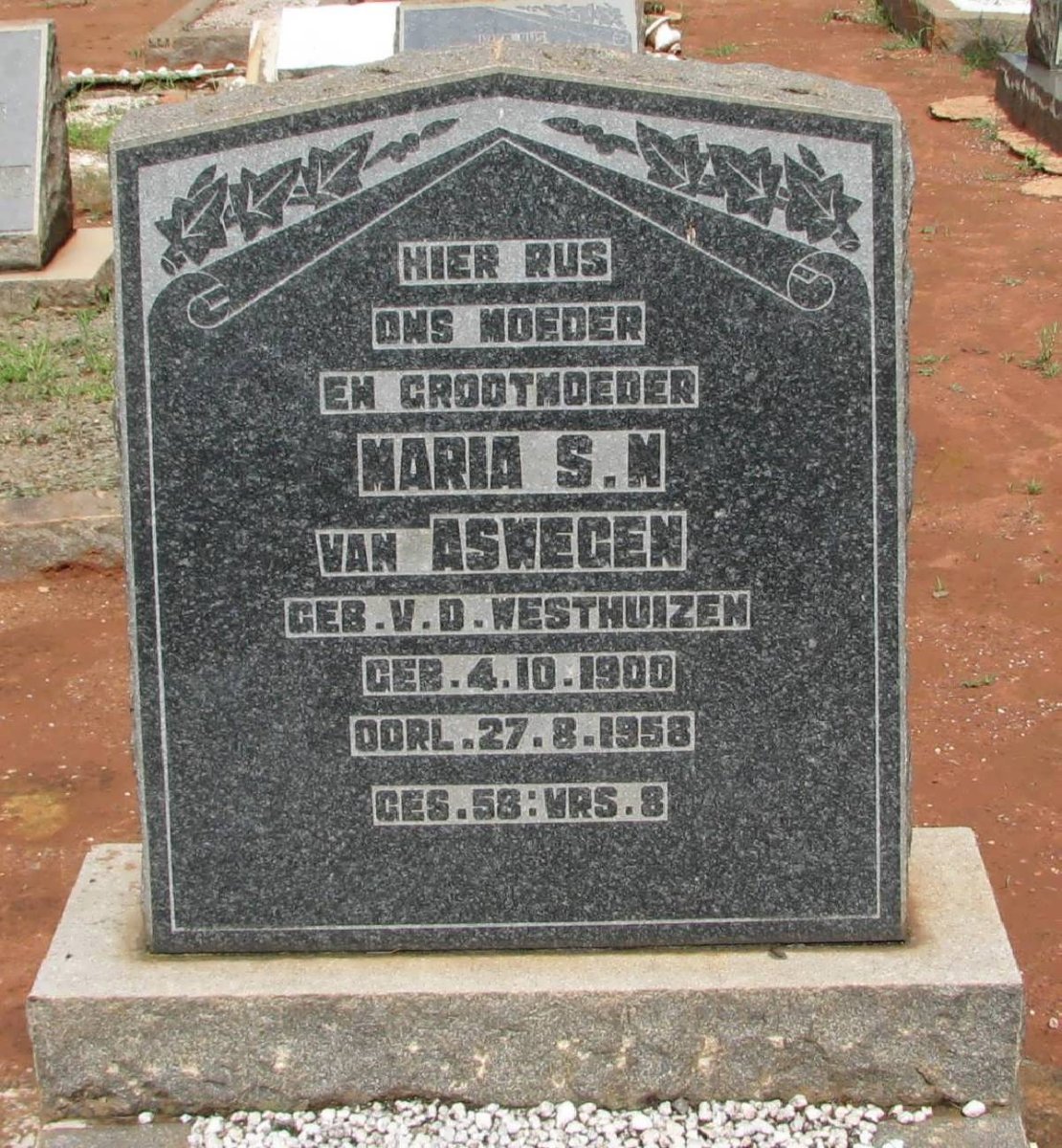 ASWEGEN Maria S.M., van nee V.D.WESTHUIZEN 1900-1958