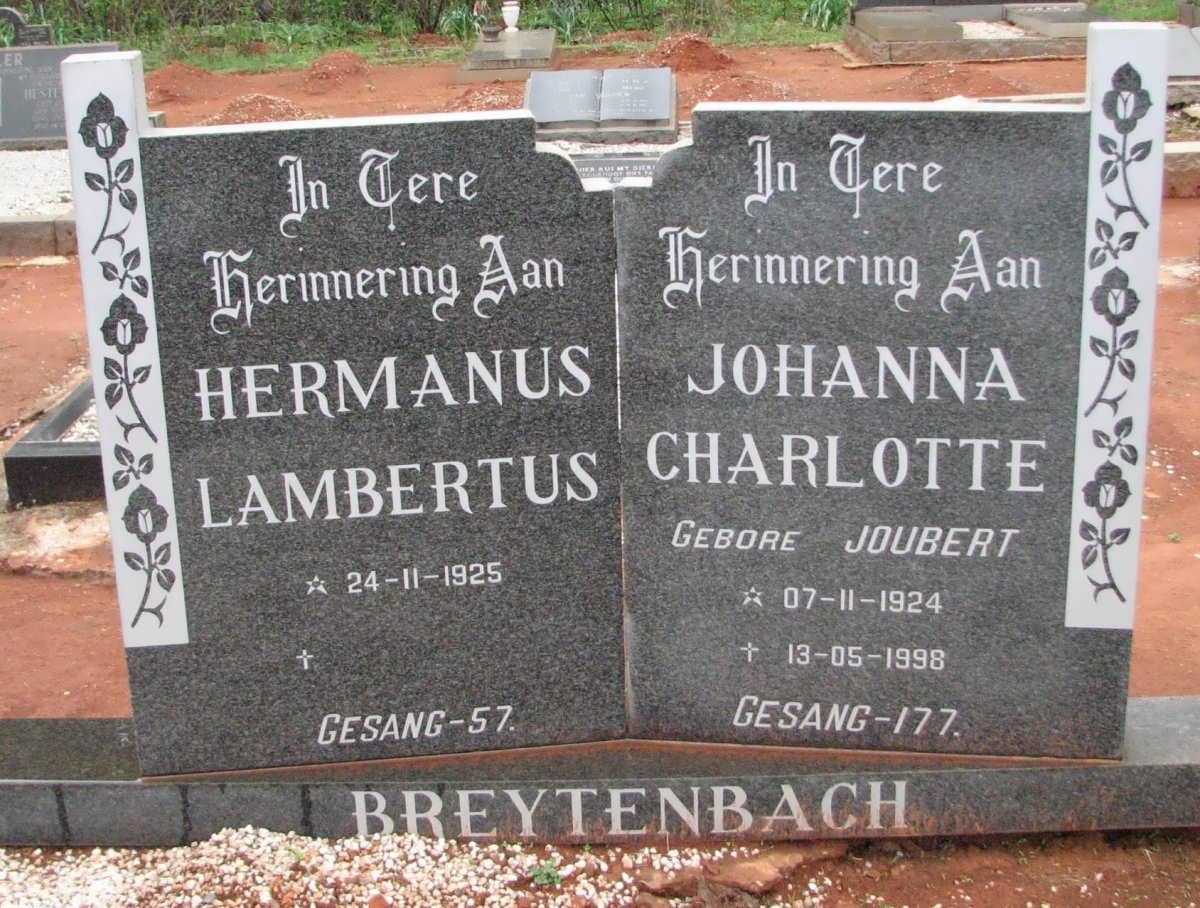 BREYTENBACH Hermanus Lambertus 1925- &amp; Johanna Charlotte JOUBERT 1924-1998