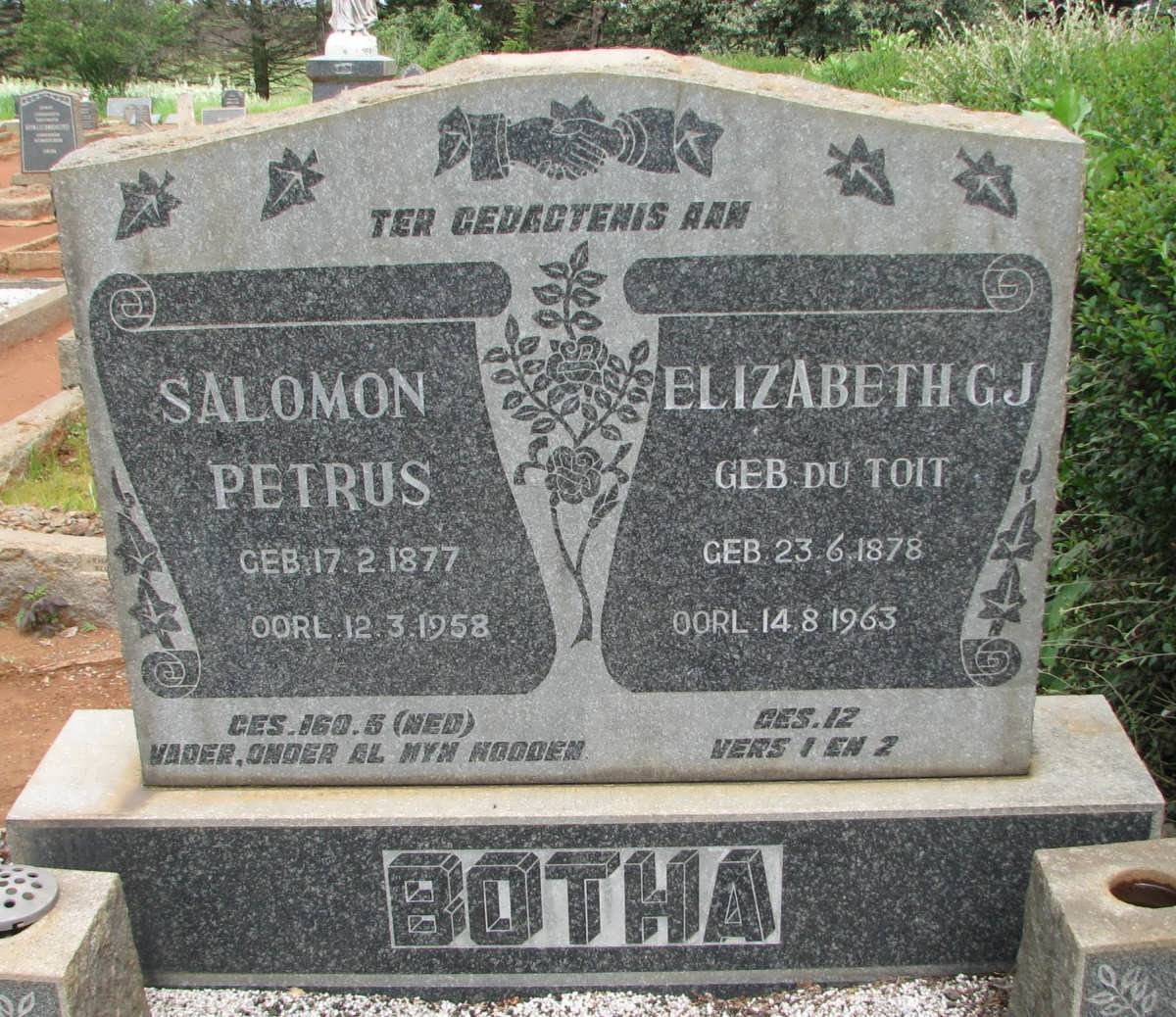 BOTHA Salomon Petrus 1877-1958 &amp; Elizabeth G.J. DU TOIT 1878-1963
