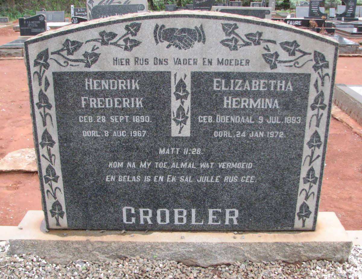 GROBLER Hendrik Frederik 1890-1967 &amp; Elizabetha Hermina ODENDAAL 1893-1972