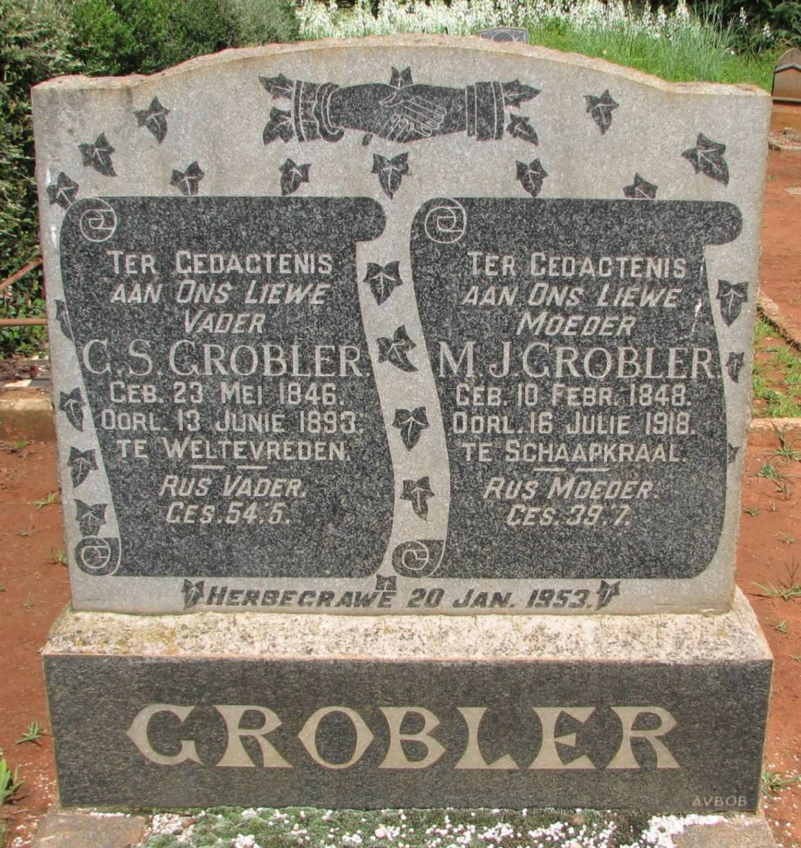 GROBLER G.S. 1846-1893 &amp; M.J. 1848-1918