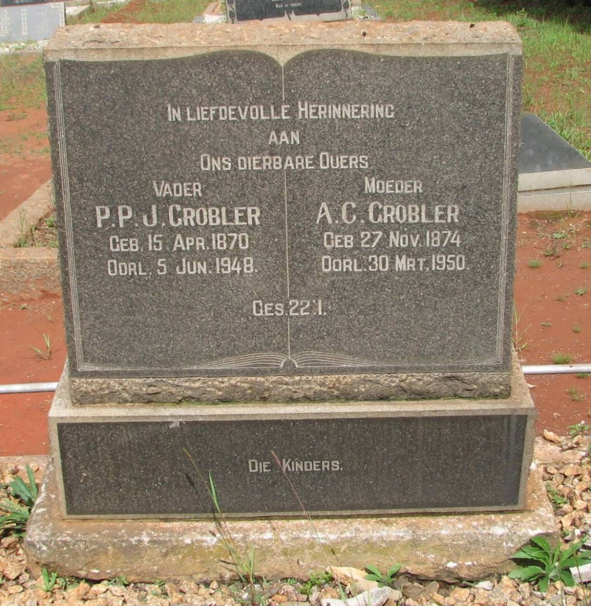 GROBLER P.P.J. 1870-1948 &amp; A.C. 1874-1950